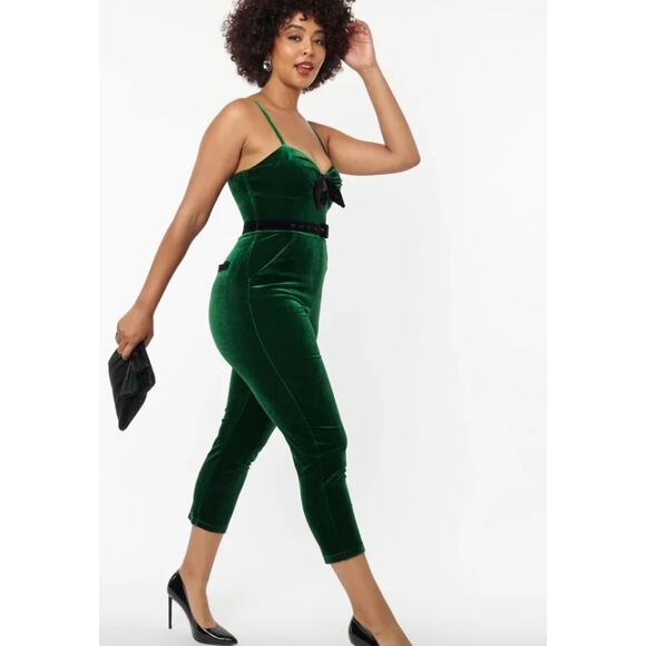 Unique Vintage Pants - Unique Vintage Velvet Holiday Cropped Jumpsuit Emerald Sz L #8